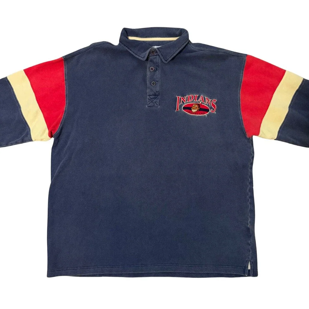 Vtg 90s Cleveland Indians Chief Wahoo Rugby Shirt Mens XXL Mirage Cooperstown